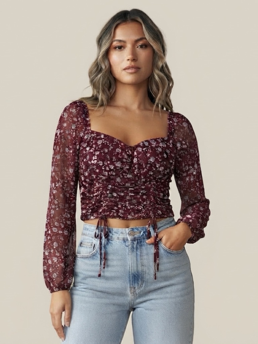 Lavender Moon Large Burgundy Floral Ruched Crop Top Boho Coquette Cottagecore